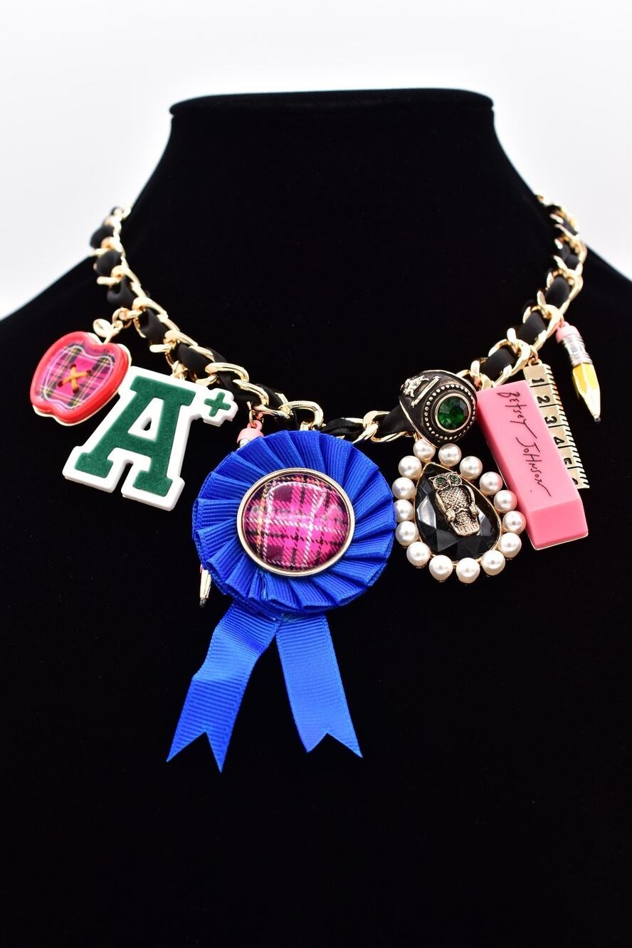 Betsey Johnson Best In Class School Charm Necklace Bib Varsity College NWT Bin7A